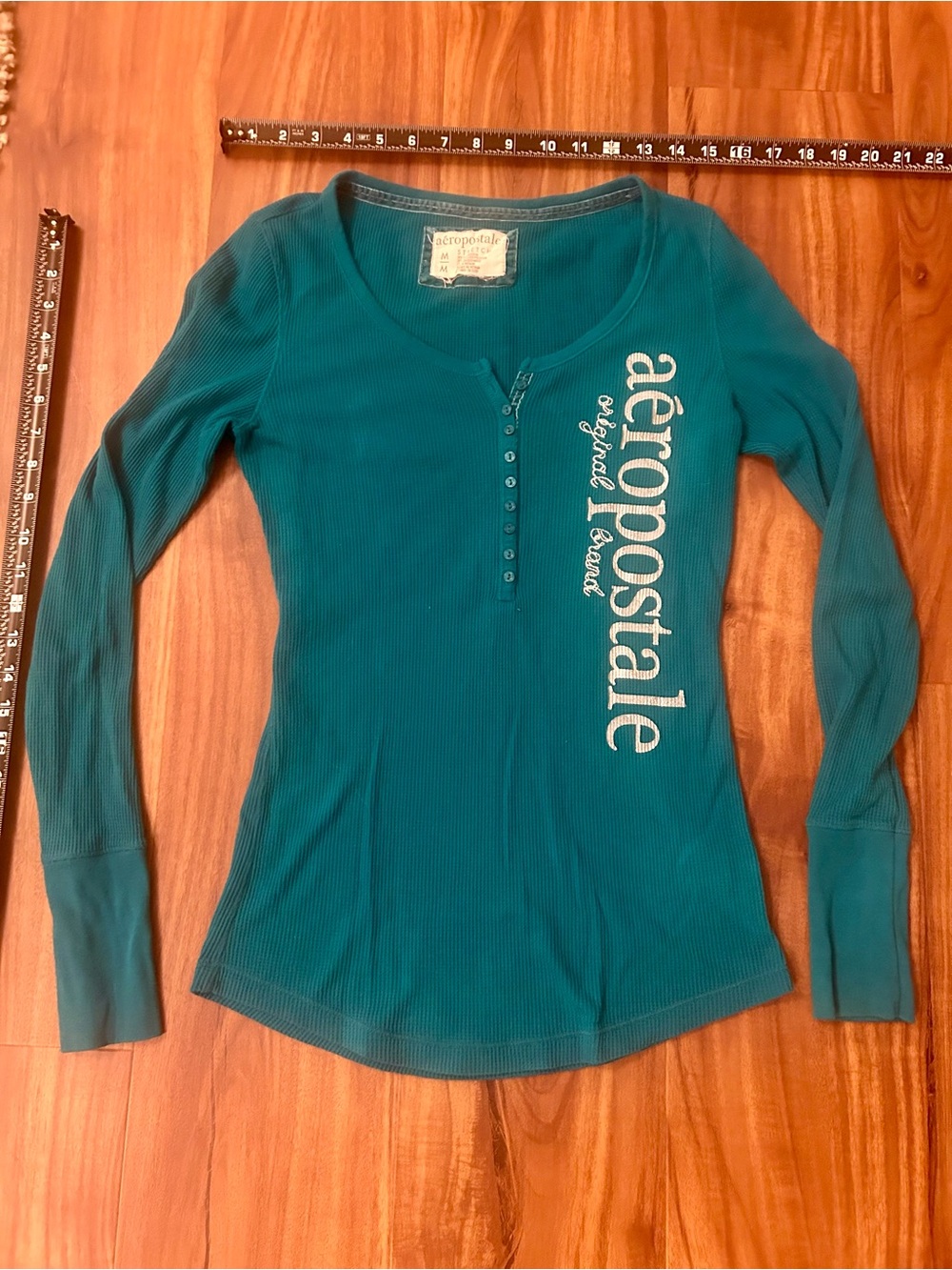 Aeropostale Teal Ribbed Long-Sleeve Henley waffle thermal Side Logo
